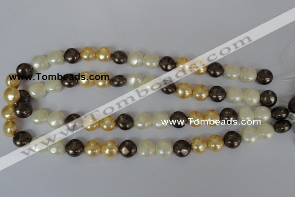 CSB185 15.5 inches 12mm flat round mixed color shell pearl beads