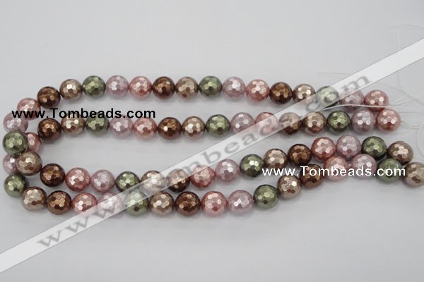 CSB502 15.5 inches 12mm faceted round mixed color shell pearl beads