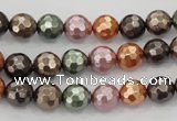 CSB510 15.5 inches 8mm faceted round mixed color shell pearl beads