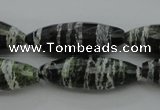 CSJ108 15.5 inches 10*30mm faceted rice green silver line jasper beads