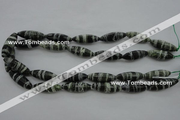 CSJ108 15.5 inches 10*30mm faceted rice green silver line jasper beads