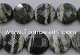 CSJ120 15.5 inches 15mm faceted coin green silver line jasper beads