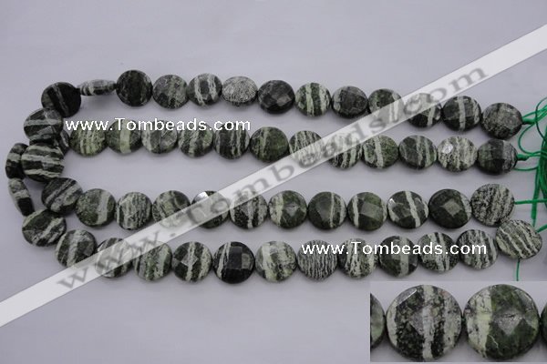 CSJ120 15.5 inches 15mm faceted coin green silver line jasper beads