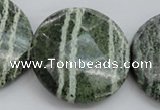 CSJ125 15.5 inches 40mm faceted coin green silver line jasper beads