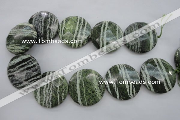 CSJ125 15.5 inches 40mm faceted coin green silver line jasper beads