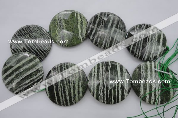 CSJ126 15.5 inches 50mm faceted coin green silver line jasper beads