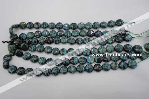 CSJ215 15.5 inches 12mm flat round dyed green silver line jasper beads