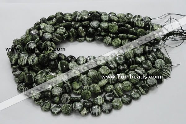 CSJ41 15.5 inches 10mm flat round green silver line jasper beads