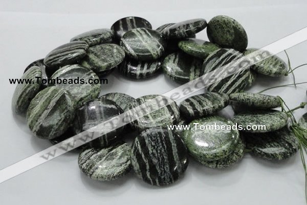 CSJ47 15.5 inches 35mm flat round green silver line jasper beads