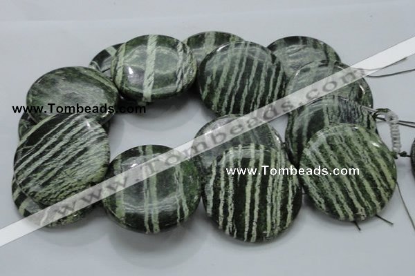 CSJ49 15.5 inches 50mm flat round green silver line jasper beads