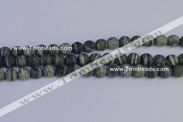 CSJ504 15.5 inches 12mm round matte green silver line jasper beads