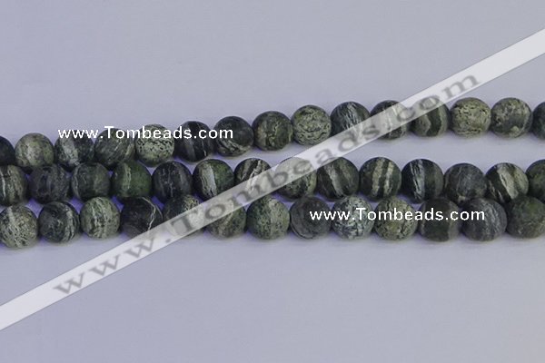 CSJ505 15.5 inches 14mm round matte green silver line jasper beads