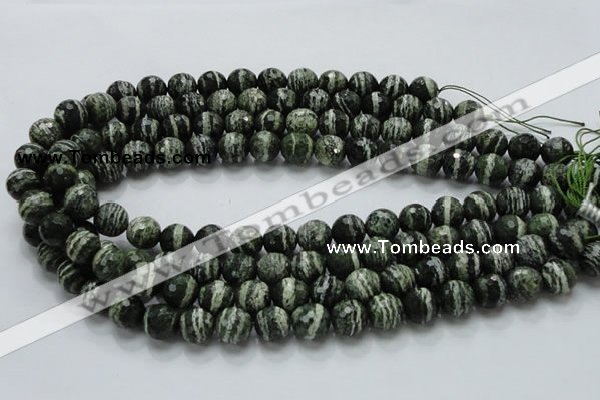 CSJ66 15.5 inches 12mm faceted round green silver line jasper beads