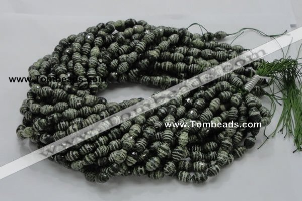 CSJ70 15.5 inches 7*11mm faceted rice green silver line jasper beads