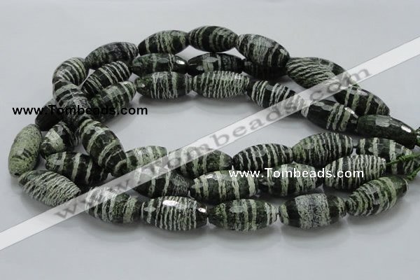 CSJ75 15.5 inches 15*30mm faceted rice green silver line jasper beads