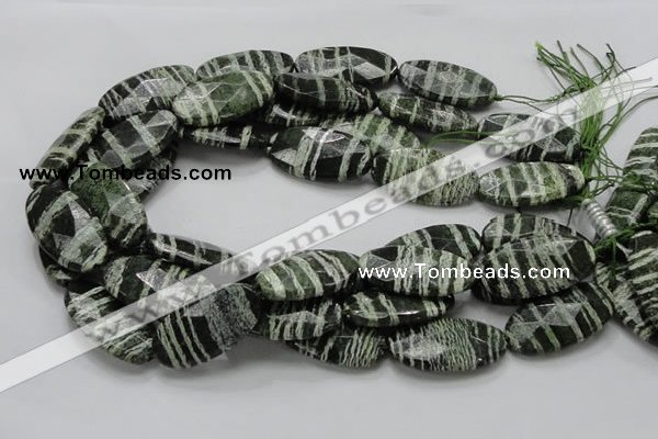 CSJ81 15.5 inches 20*40mm faceted oval green silver line jasper beads