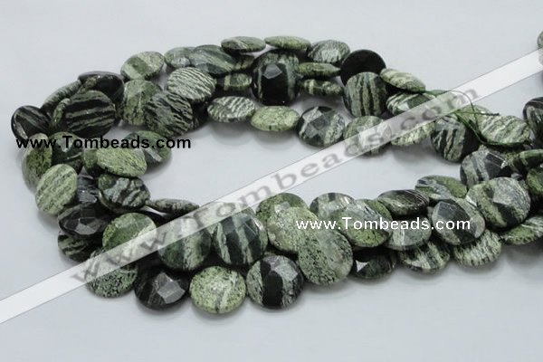 CSJ82 15.5 inches 18mm faceted flat round green silver line jasper beads