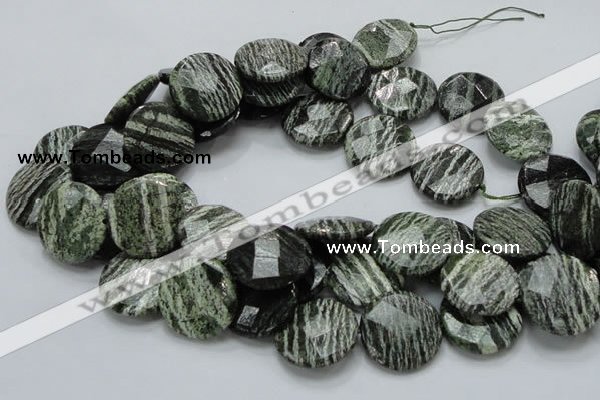 CSJ83 15.5 inches 25mm faceted flat round green silver line jasper beads