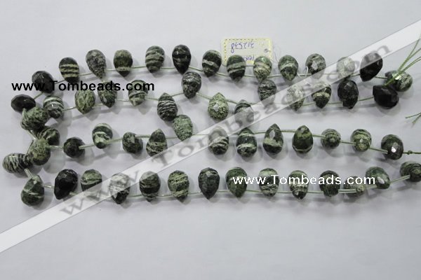 CSJ86 Top-drilled 10*14mm faceted teardrop green silver line jasper beads