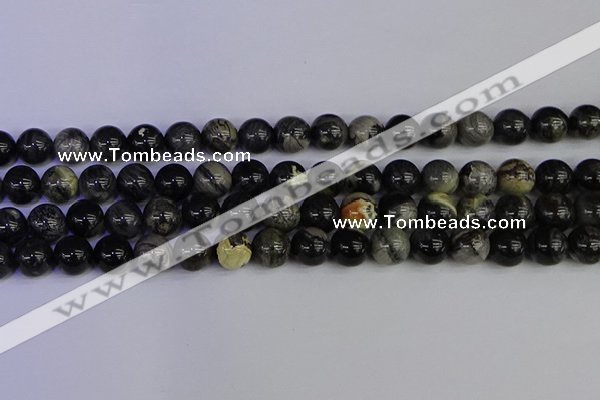 CSL214 15.5 inches 12mm round black silver leaf jasper beads