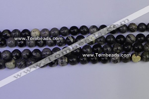 CSL215 15.5 inches 14mm round black silver leaf jasper beads