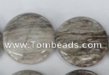 CSL35 15.5 inches 30mm flat round silver leaf jasper beads wholesale