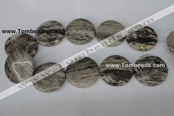 CSL37 15.5 inches 40mm flat round silver leaf jasper beads wholesale