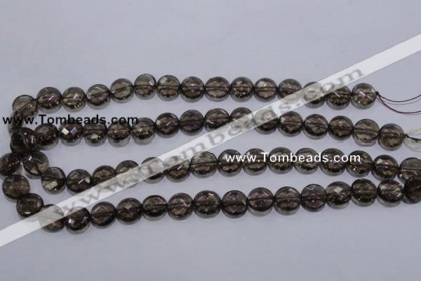 CSQ124 12mm faceted flat round grade AA natural smoky quartz beads