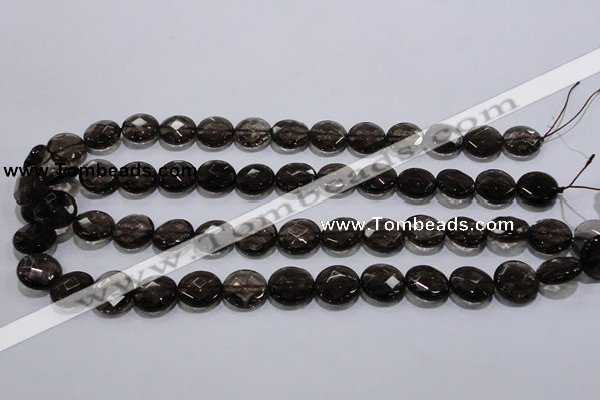 CSQ125 15.5 inches 14mm faceted flat round grade AA natural smoky quartz beads