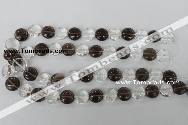 CSQ151 15.5 inches 15mm flat round white crystal & smoky quartz beads
