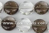 CSQ152 15.5 inches 18mm flat round white crystal & smoky quartz beads