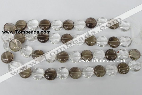 CSQ152 15.5 inches 18mm flat round white crystal & smoky quartz beads