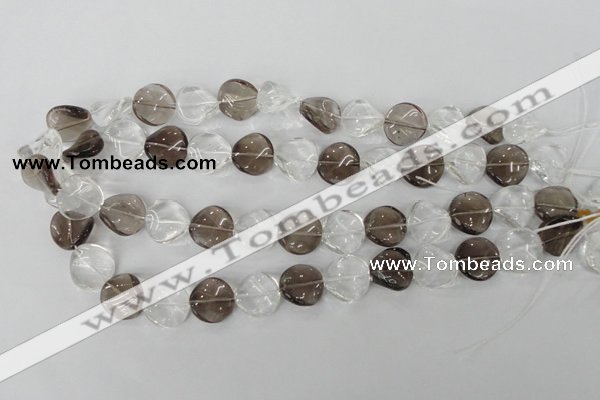 CSQ153 15.5 inches 16mm twisted coin white crystal & smoky quartz beads