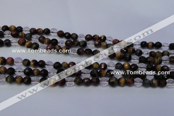 CTE1131 15 inches 6mm faceted round mixed tiger eye & white crystal beads