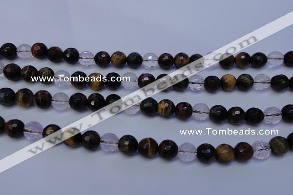 CTE1132 15 inches 8mm faceted round mixed tiger eye & white crystal beads