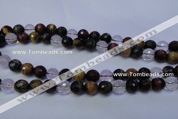 CTE1133 15 inches 10mm faceted round mixed tiger eye & white crystal beads