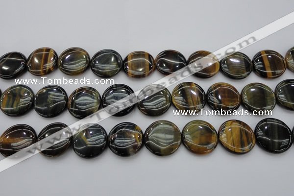 CTE1351 15.5 inches 25mm flat round yellow & blue tiger eye beads