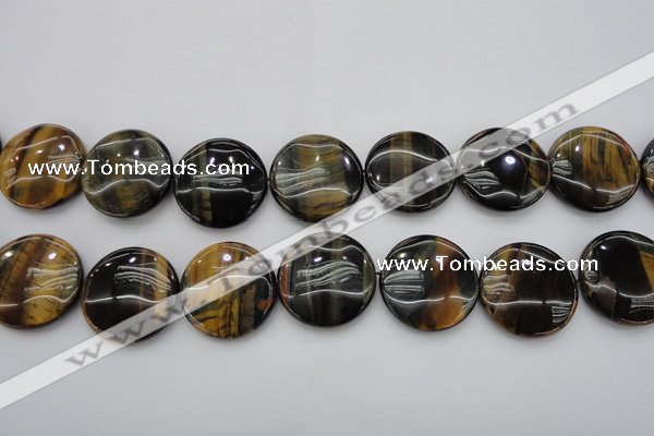 CTE1352 15.5 inches 30mm flat round yellow & blue tiger eye beads