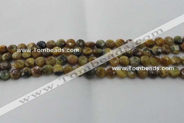 CTE1572 15.5 inches 8mm faceted coin golden & blue tiger eye beads