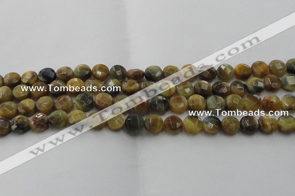 CTE1573 15.5 inches 10mm faceted coin golden & blue tiger eye beads