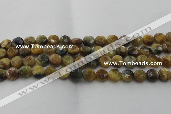 CTE1574 15.5 inches 12mm faceted coin golden & blue tiger eye beads