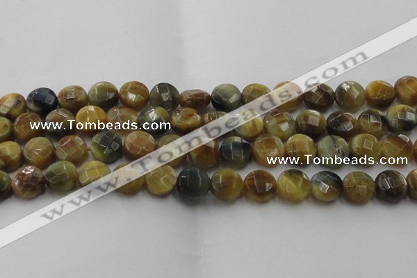 CTE1575 15.5 inches 14mm faceted coin golden & blue tiger eye beads