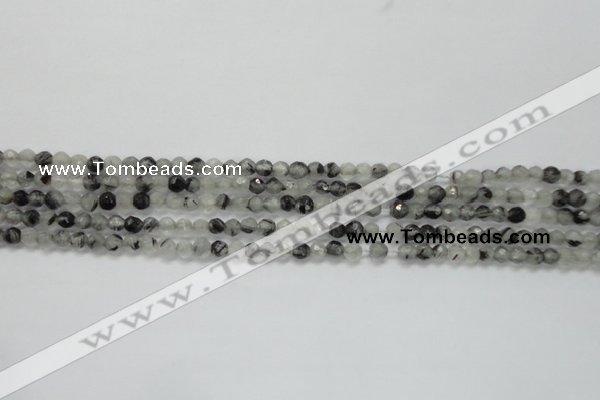 CTG208 15.5 inches 4mm faceted round tiny black rutilated quartz beads