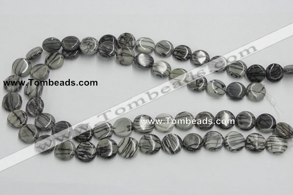 CTJ07 16 inches 14mm flat round black water jasper beads wholesale