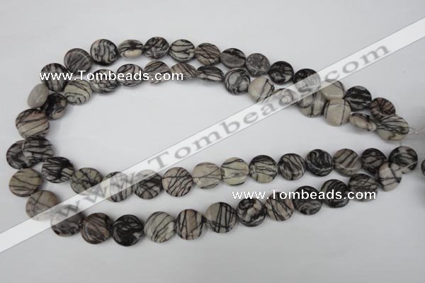 CTJ205 15.5 inches 13mm flat round black water jasper beads wholesale