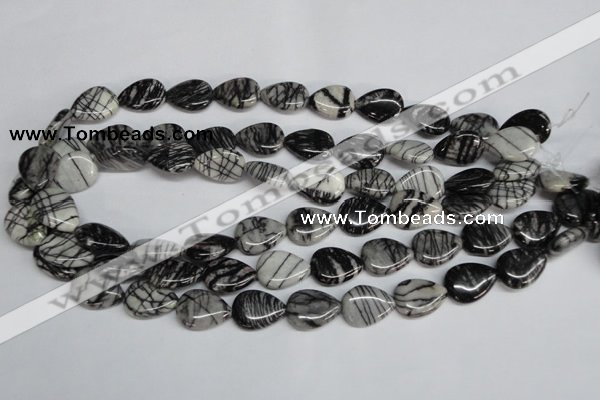 CTJ48 15.5 inches 13*18mm flat teardrop black water jasper beads wholesale