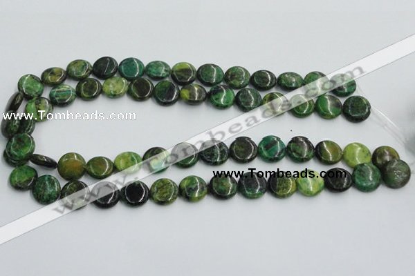 CTP08 15.5 inches 14mm flat round yellow green pine gemstone beads