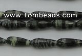 CTR10 15.5 inches 6*16mm faceted teardrop green silver line jasper beads