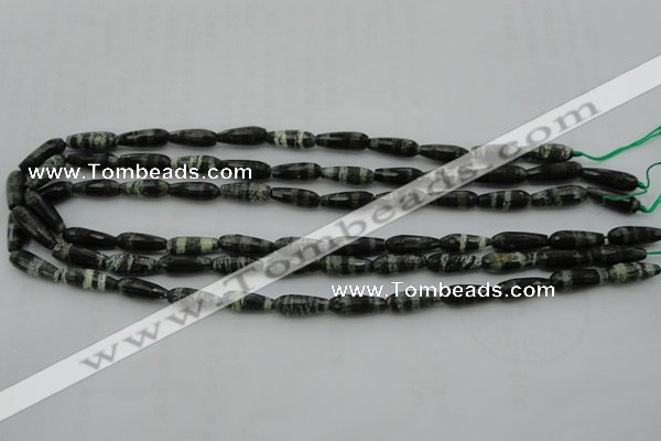 CTR10 15.5 inches 6*16mm faceted teardrop green silver line jasper beads