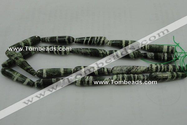 CTR53 15.5 inches 10*40mm faceted teardrop green silver line jasper beads